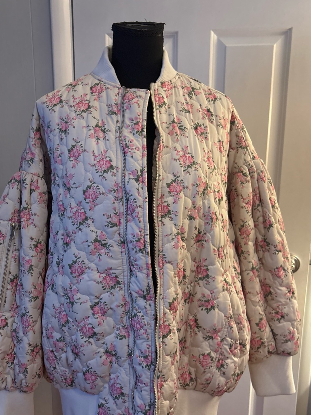 MABLE Pink Floral Quilted Bomber Jacket on Cream